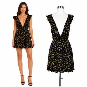 Reformation | Sunflower Print Open Back Ruffle Mini Dress Black Yellow Small S